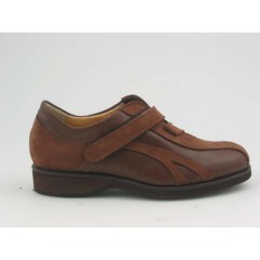 Chaussure sportif pour hommes avec velcro en cuir nubuck cognac et cuir marron - Pointures disponibles:  36