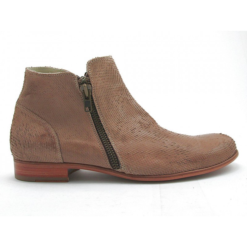 Men's ankle boot with double zipper in sand-colored printed leather - Available sizes:  47, 50