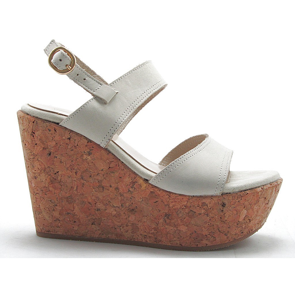 Small or large 2 Band sandal with cork wedge in cream nabuk leather ...