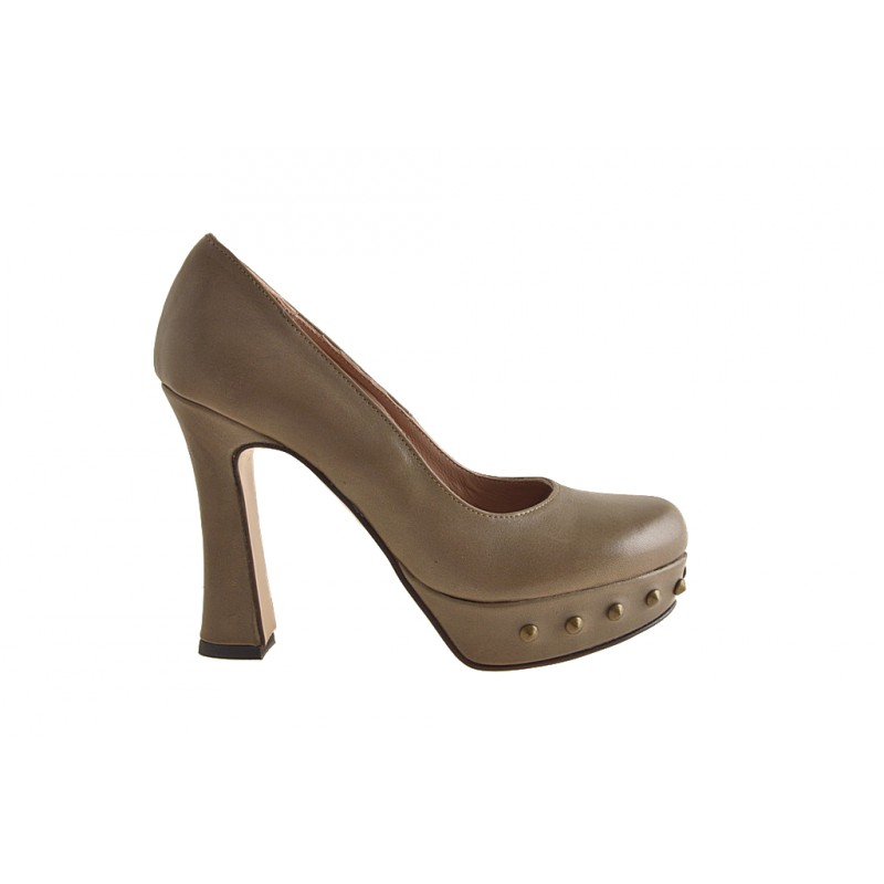 Woman's pump with platform and studs in taupe leather heel 10 - Available sizes:  42