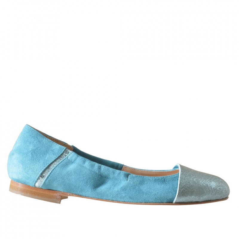 Woman's ballerina with elastic band in light blue suede and printed leather heel 1 - Available sizes:  32