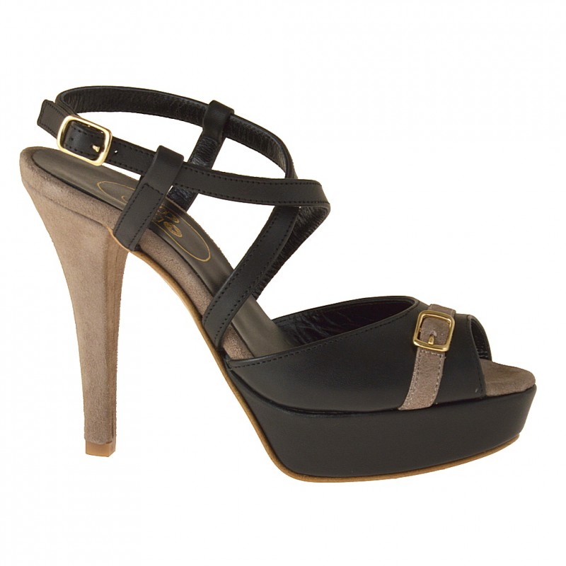 Sandale pour femmes avec courroie en cuir noir et daim sable talon 11 - Pointures disponibles:  42