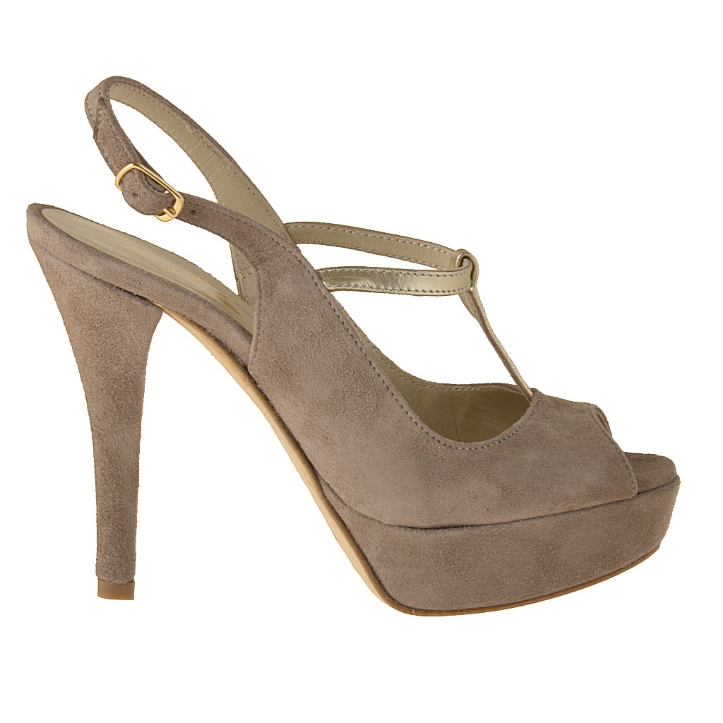 Small or large Platform sandal with t-strap in sand and platinum suede ...