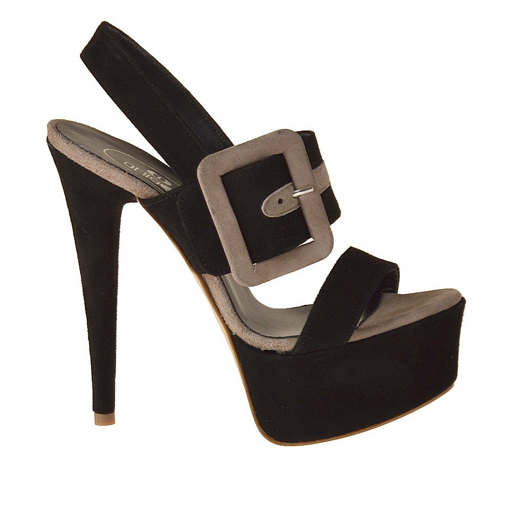 Small or large Platform sandal with buckle in black and sand suede