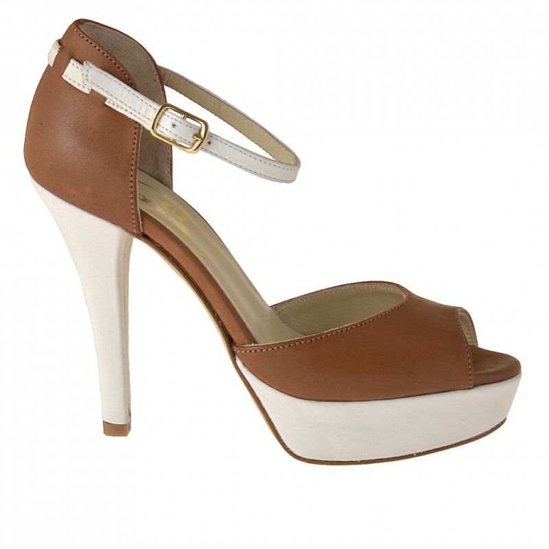 Woman's open shoe with platfom and strap in cognac brown and white leather heel 11 - Available sizes:  42