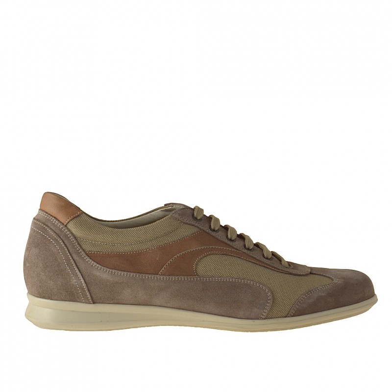 Scarpa casual stringata da uomo in camoscio grigio e beige e pelle e tessuto sabbia - Misure disponibili: 46