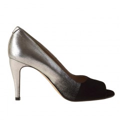 Woman's open toe pump in silver leather and black suede heel 9 - Available sizes:  31