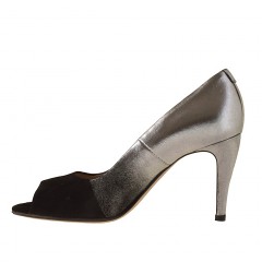 Zapato para mujer abierto en punta en piel plateada y gamuza de color negro tacon 9 - Tallas disponibles:  31 2