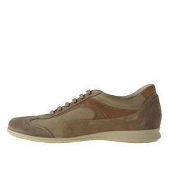 Men's laced casual shoe grey and beige suede and sand-colored leather and fabric - Available sizes:  46 2
