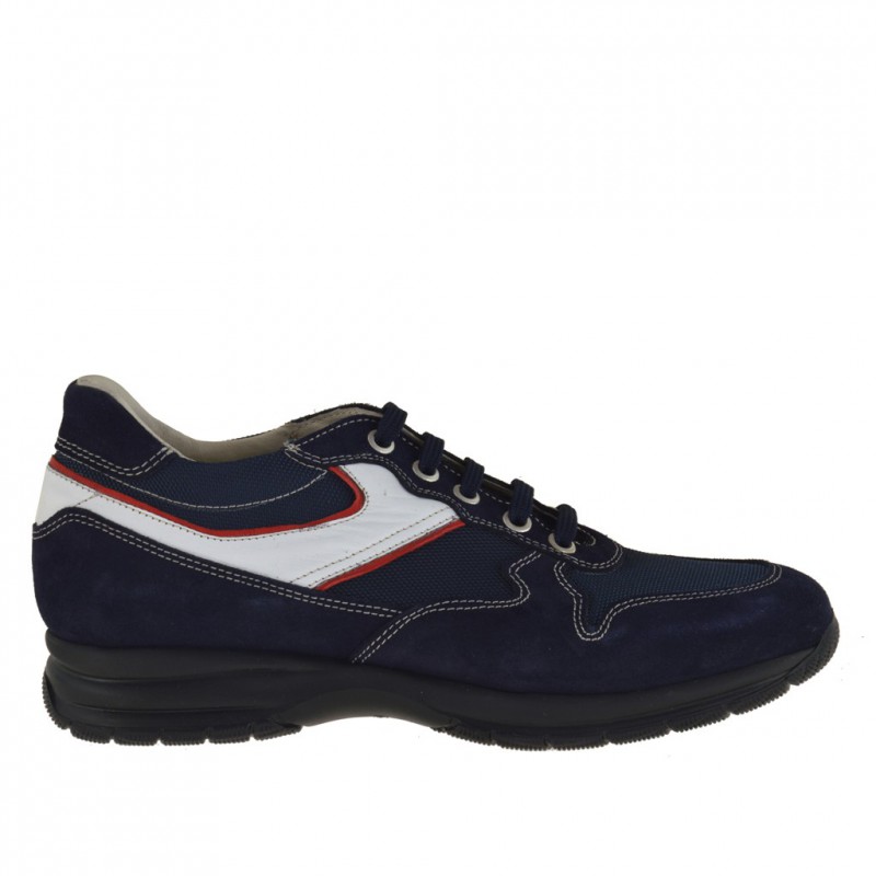 Zapato deportivo con cordones para hombre en gamuza y tejido azul oscuro y piel blanca y roja - Tallas disponibles:  36, 37