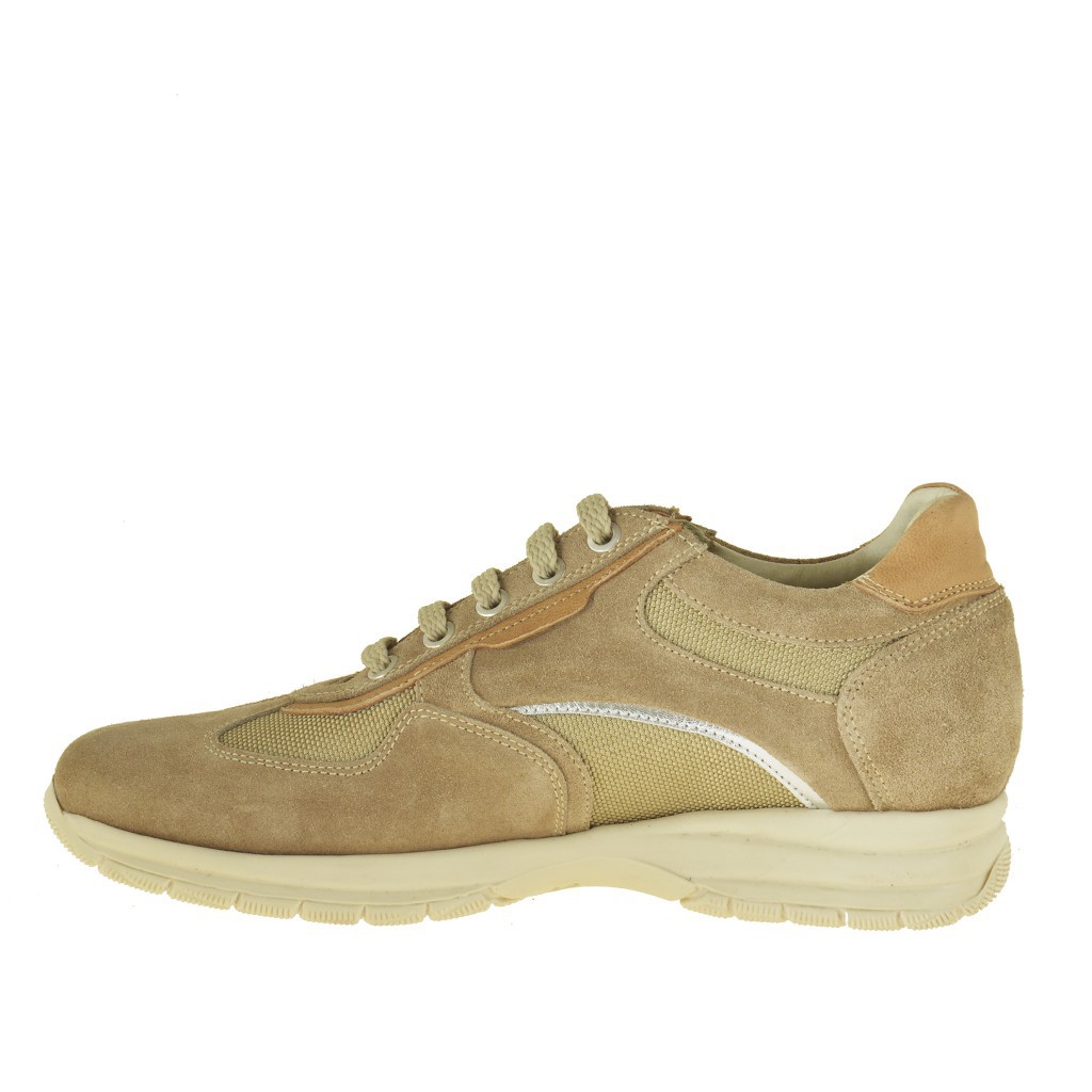 Men's casual lace-up shoe in beige suede and fabric