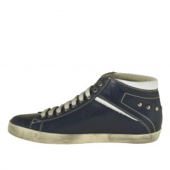 Men's sports shoe with laces in dark blue and white leather  - Available sizes:  36 2