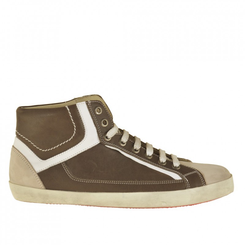 Men's sports shoe with laces in taupe and white leather - Available sizes:  36, 47