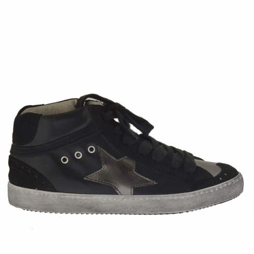 Woman's shoe with laces in black leather and suede and silver leather wedge 2 - Available sizes:  32