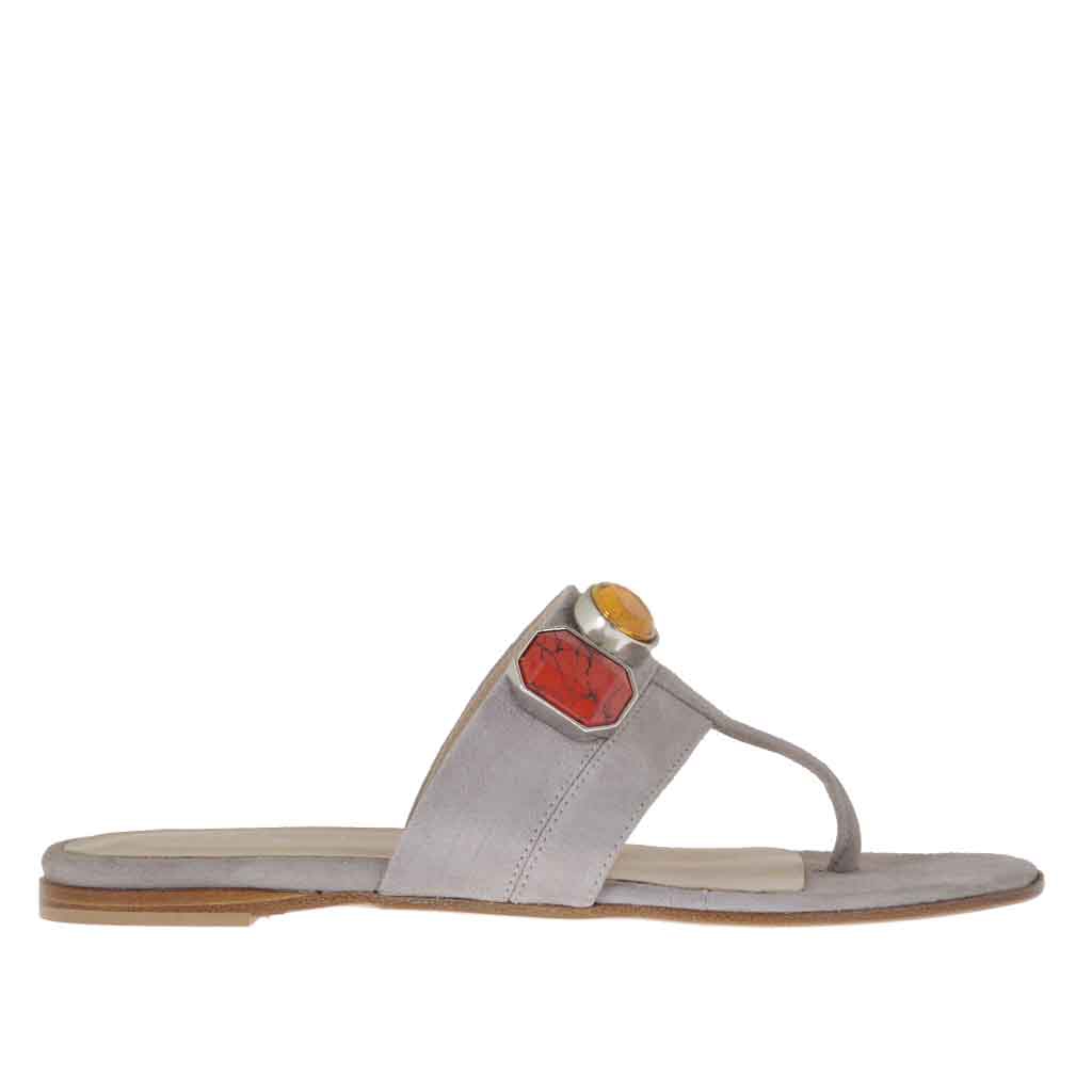 Sabot infradito da donna con applicazioni in pietre colorate in camoscio grigio