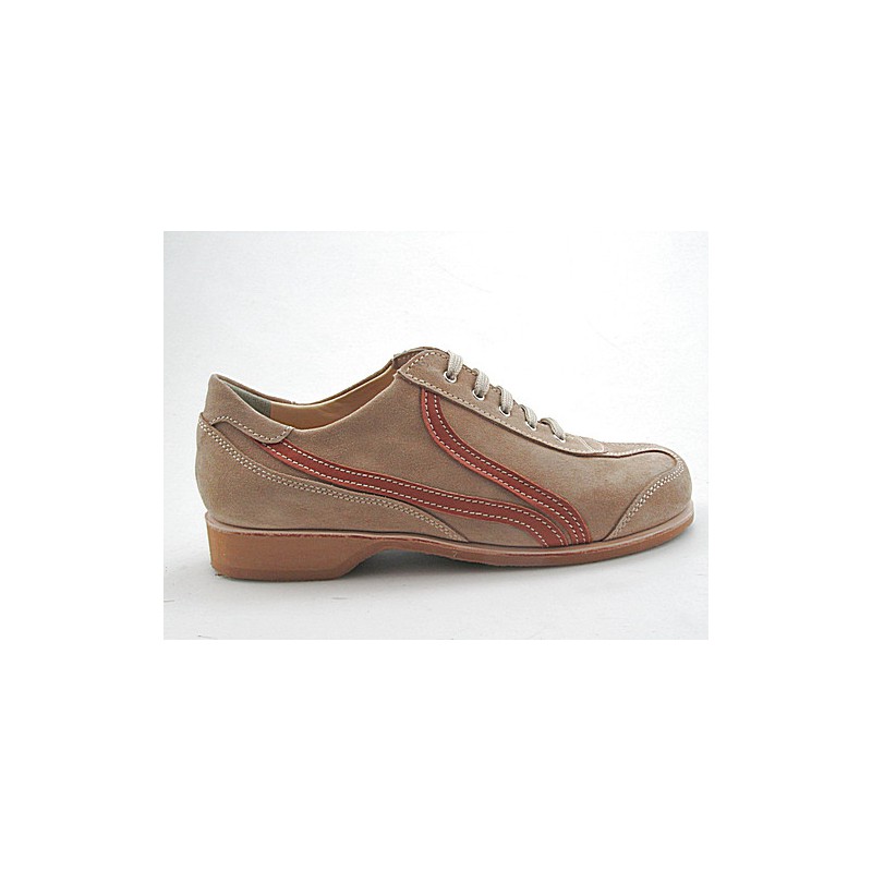 Men's sports shoe with laces in beige suede and tan-colored leather  - Available sizes:  36, 49, 50