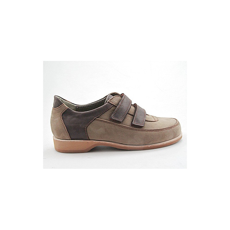 Zapato deportivo para hombres con velcro en gamuza beis oscuro y piel marron - Tallas disponibles:  37, 38