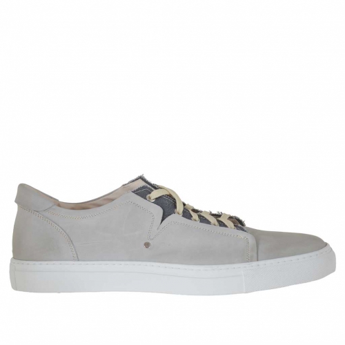 Men's laced sports shoe in grey leather and fabric - Available sizes:  46