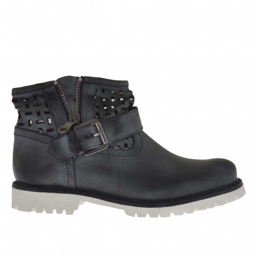 Woman's boot with buckle and zipper in black pierced leather  - Available sizes:  32
