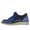 Woman's laced sport shoe with zipper in metallic denim blue patent leather and leather wedge 3 - Available sizes:  32