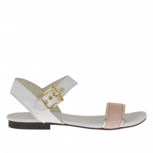Sandalo da donna con cinturino in pelle bianca, oro e stampato rosa - Misure disponibili: 32