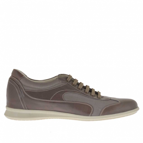 Men's laced sports shoe in smoke leather and grey fabric - Available sizes:  46