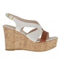 Woman's sandal in white and tan leather with cork platform and wedge 9 - Available sizes:  42