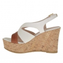 Woman's sandal in white and tan leather with cork platform and wedge 9 - Available sizes:  42