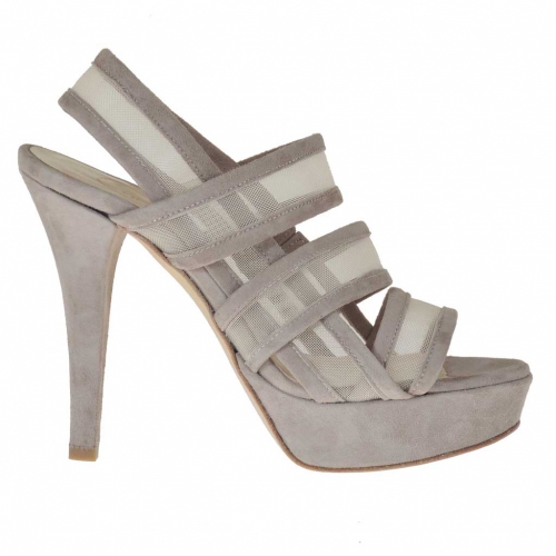 Woman's platform sandal with 3 bands and net in mud-coloured suede heel 12 - Available sizes:  42