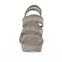 Woman's platform sandal with 3 bands and net in mud-coloured suede heel 12 - Available sizes:  42