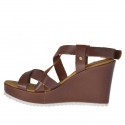 Woman's platform sandal with straps in tan leather wedge 9 - Available sizes:  42