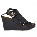 Woman's platform strap sandal with intertwined straps in black leather wedge 9 - Available sizes:  42