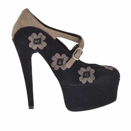 Woman's platform pump with crossed straps and flowers in black and taupe suede heel 15 - Available sizes:  42