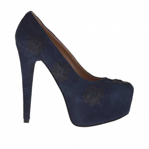 Zapato de salón plataforma gamuza azul oscuro con flores tacon 15