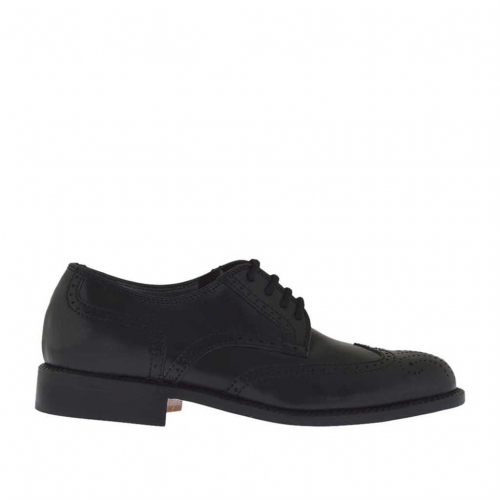 Men's laced shoe with Brogue decorations in black leather - Available sizes:  51