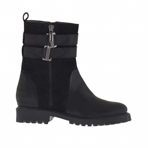 Woman's ankle boot with zipper and bands in black leather and printed suede heel 3 - Available sizes:  32