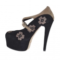 Woman's platform pump with crossed straps and flowers in black and taupe suede heel 15 - Available sizes:  42