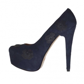 Woman's platform pump in dark blue suede with flowers heel 15 - Available sizes:  42 2