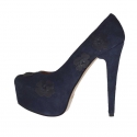 Zapato de salón con plataforma en gamuza azul oscuro con flores tacon 15 - Tallas disponibles:  42