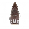 Woman's highfronted laced pump with platform in brown leather with white flowers heel 15 - Available sizes:  31, 42