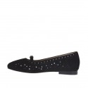Woman's ballerina shoe with strap in pierced black suede and laminated silver leather heel 1 - Available sizes:  32
