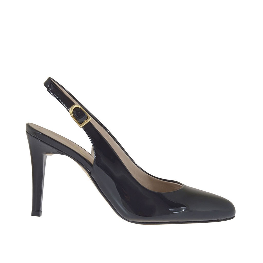 black patent leather slingback pumps