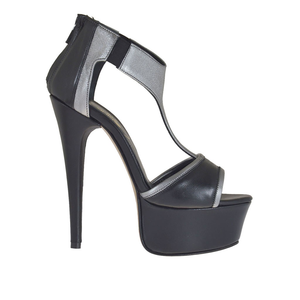 Woman's open platform shoes with elastics and zip in black and gunmetal ...