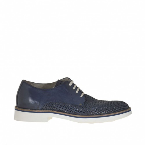 Laced men's derby shoes in blue pierced leather  - Available sizes:  37, 50
