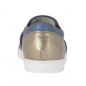 Zapato para mujer con elasticos brillantes en piel azul y laminada bronce cuña 2 - Tallas disponibles:  32