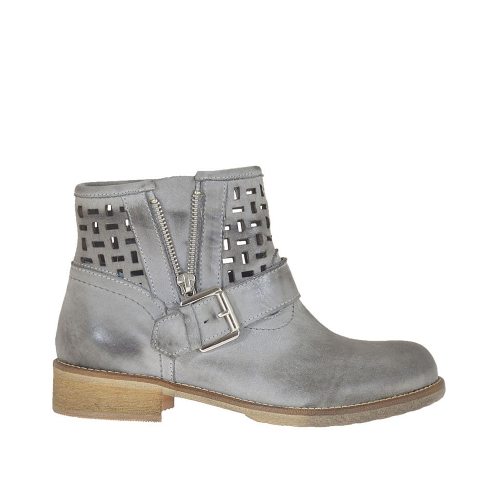 Botines con hebilla y cremallera para mujer en piel anticada perforada de  color gris tacon 3