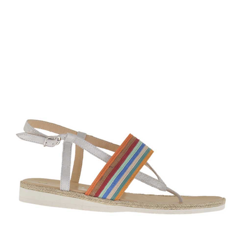 Sandalia infradedo para mujer en gamuza hielo laminada plateada y nobuk  multicolor cuña 1,5 en cuerda y goma