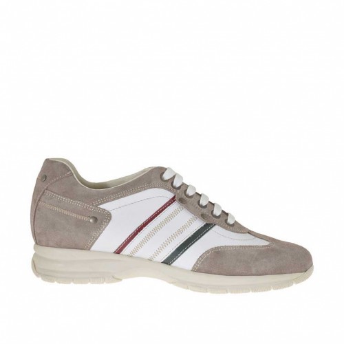 Men's sports shoe with laces in taupe suede and white, red and green leather - Available sizes:  36
