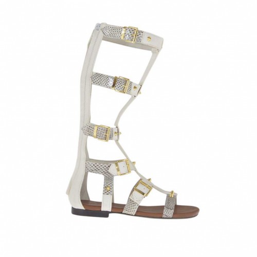 Zapato abierto estilo gladiador para mujer con cremallera, hebillas y tachuelas en piel blanca y imprimida gris tacon 1 - Tallas disponibles:  33