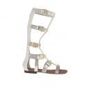 Woman's gladiator open shoe with zipper, studs and buckles in white and grey printed leather heel 1 - Available sizes:  33